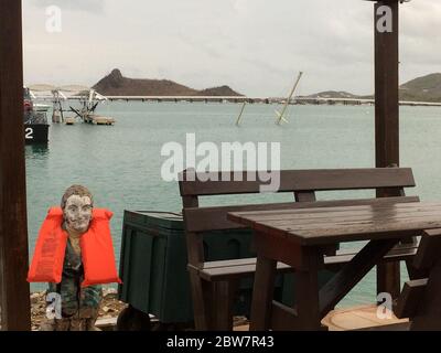 With sunken boats behind him 'Elvis', bar mascot of the SMYC Bar & Restaurant, wears a life vest in the aftermath of Hurricanes Irma & Maria in 2017 Stock Photo