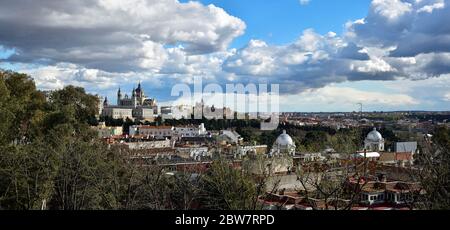 Panorama view on Royal Palace Palacio Real in the capital of Spain - beautiful city Madrid from Lookout of Principe Pío Mountain, Spain Stock Photo