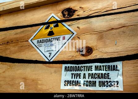 Radioactive material label beside the transportation wooden box Type A standard package Stock Photo