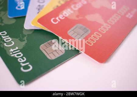 Set Of Color Credit Cards on white Stock Photo