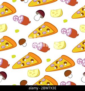 A slice of pizza and ingredients to it on a white background. Vector seamless illustration. Stock Vector
