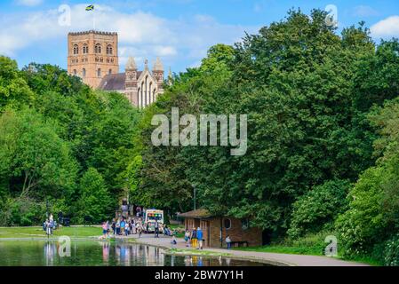St Albans, England: St Albans Cathedral, often referred to locally as 'the Abbey', seen from the Verulamium Park, in summer. Stock Photo