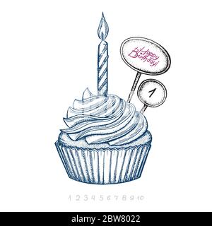 Birthday cupcake hand drawing vector illustration. Anniversary and birthday cute cupcake with candle and card. Stock Vector