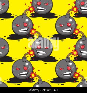 seamless cartoon bomb pattern on yellow background. Vector image Stock Vector
