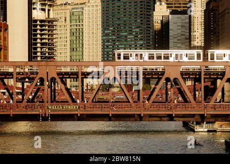 Chicago train over iron bridge Stock Photo