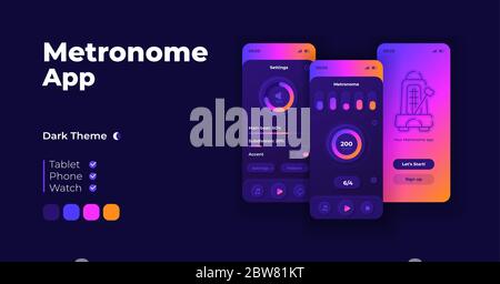Metronome application cartoon smartphone interface vector templates set. Mobile app screen page night mode design. Volume and BPM parameters UI for Stock Vector