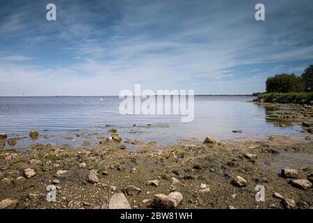 View of the beautiful Lough Neagh from the shore at Oxford Island near Craigavon on a warm sunny spring day with rocks and foliage in the foreground Stock Photo