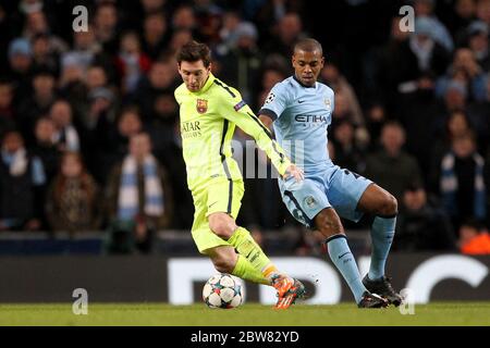 MANCHESTER, ENGLAND - Lionel Messi of Barcelona in action with Fernandinho during the UEFA Champions League Round of 16 1st Leg between Manchester City and FC Barcelona at the Etihad Stadium, Manchester on Tuesday 24th February 2015 (Credit: Mark Fletcher | MI News) Stock Photo