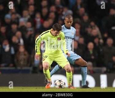 MANCHESTER, ENGLAND - Lionel Messi of Barcelona in action with Fernandinho during the UEFA Champions League Round of 16 1st Leg between Manchester City and FC Barcelona at the Etihad Stadium, Manchester on Tuesday 24th February 2015 (Credit: Mark Fletcher | MI News) Stock Photo