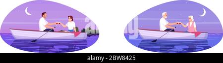 Romantic dinner semi flat vector illustration set Stock Vector
