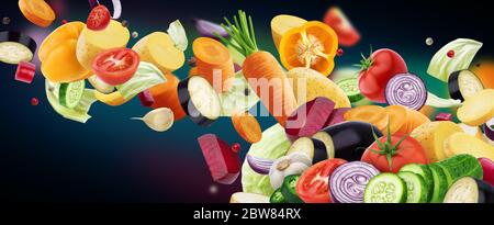 Falling mix of different vegetables isolated on black background Stock Photo