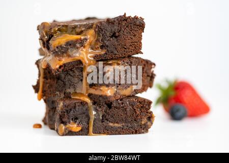 Salted caramel brownies. Stock Photo