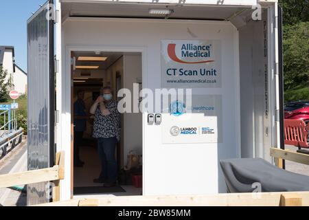 Cumbria, UK. 30th May, 2020. Covid-19 .temporary mobile computerised tomography (CT) scanner at Westmorland General Hospital (WGH) introduced to support outpatient and routine scans at University Hospitals of Morecambe Bay NHS Foundation Trust (UHMBT). The scanner will also help the Trust to deliver and support the national faster diagnosis cancer target for patients which is 28 days .Credit: NW News /Alamy News Stock Photo