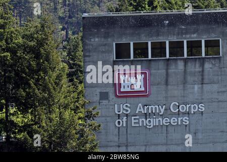 The emblem of the Army Corps of Engineers is pictured on the side of Bonneville Dam. Stock Photo