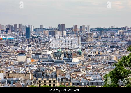 Paris, France - May 12, 2020: Aerial view of downtown Paris viewed from Montmartre hill Stock Photo