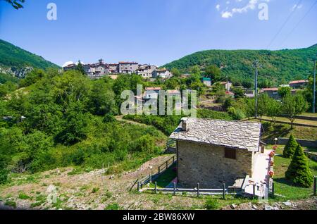 environmental catastrophe, drought drama and rising temperature of the planet earth, dry river, dry vegetation and population of the mountain town wit Stock Photo