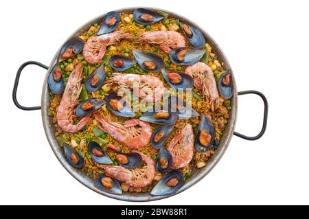 transparency cut, white background, paella typical Spanish food, with seafood vegetable meat, and rice Stock Photo