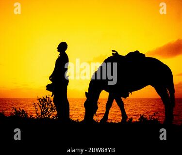 1960s SILHOUETTE OF ANONYMOUS WESTERN COWBOY STANDING HAT OFF IN HANDS PRAYING BESIDE HIS GRAZING HORSE BY LAKE IN BRIGHT SUNSET - kh1632 LAN001 HARS MALES WESTERN SERENITY SILHOUETTES SPIRITUALITY TRANSPORTATION OUTLINE COWBOYS HAPPINESS MAMMALS BRIGHT ADVENTURE HIS STRENGTH SILHOUETTED AND BY IN OF OCCUPATIONS CONCEPTUAL BESIDE CONTEMPLATION LONE STYLISH ANONYMOUS GRAZING MAMMAL MID-ADULT MID-ADULT MAN RELAXATION THANKS TOGETHERNESS OLD FASHIONED Stock Photo