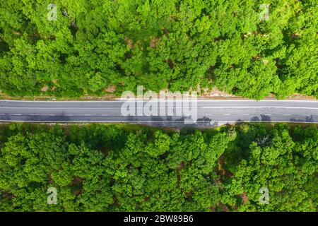 Aerial view of drone to road through green forest Stock Photo