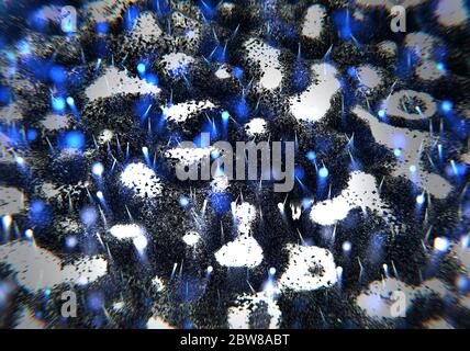 Close-up on some radioactive matter with blue moving particles Stock Photo