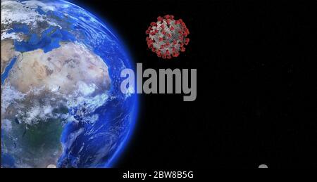 The Moon transform to Corona virus beside the Planet Earth. Isolated on white background. Stock Photo