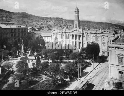 La Paz , Bolivia , showing the Legislative Palace in the Plaza de Murillo . 11 December 1928 Stock Photo