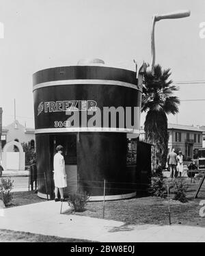 In a city of Nightmare houses . A new picture from Los Angeles showing an ice cream shop known as the ' Freezer ' built like one . 17 May 1928 Stock Photo