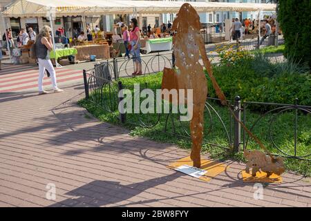 Kiev, Ukraine - July 13, 2018: Installation made of metal shot through the zone of the antiterrorist operation in the town square with the words 'War Stock Photo