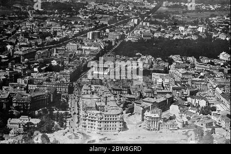 Bucharest , Romania : An aerial view showing the intersection of the Boulevard Bratianu and Boulevard Carol , with the University in the foreground . 9 June 1930 Stock Photo