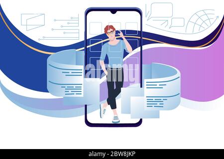 Man use smartphone abstract futuristic flat vector illustration on white background with blue and purple wave Stock Vector