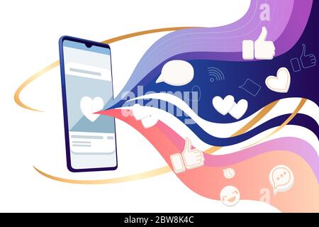 Black smartphone with abstract color wave and hearts likes thumbs up social media platform flat vector illustration on white background Stock Vector