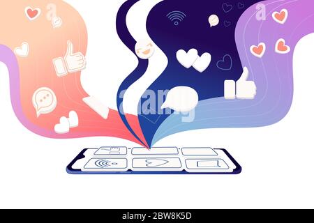 Black smartphone with abstract color wave and hearts likes thumbs up social media platform flat vector illustration on white background Stock Vector