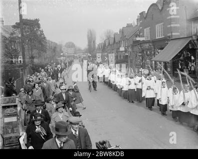 Palm Sunday procession through the High Street , Orpington , Kent . 1935 . Stock Photo