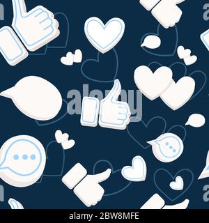 Seamless pattern with hearts likes thumbs up social media platform flat vector illustration on dark blue background Stock Vector
