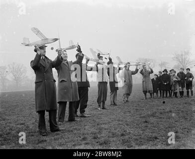 Bexleyheath model aircraft club at Danson Park . Pilots prepare to launch their aircraft . 1936 Stock Photo