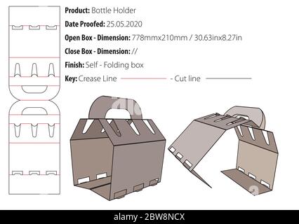 Bottle carrier double product row cap covered bottleneck - glued wrap-around with closed side panels carrying handle packaging design template gluing Stock Vector