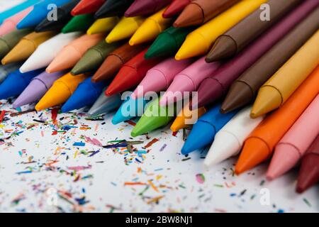 Back to school. Photo of wax crayons isolated on white background with ...