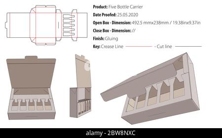 Luxury five bottle carrier packaging design template gluing die cut - vector Stock Vector