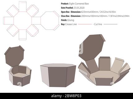 Eight cornered base box - locking flaps with fold-over ends expansion packaging design template gluing die cut - vector Stock Vector