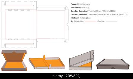 Pizza box large packaging template self lock die cut vector Stock Vector
