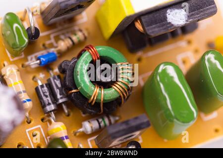 Electronic circuit board and components close up background Stock Photo