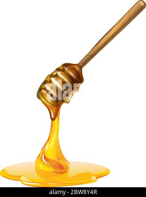 Realistic honey stick dripping from wooden honey dipper Stock Vector