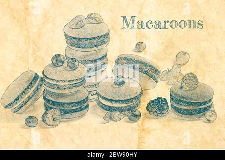 Macaroons with fruits, sketch on old paper Stock Photo
