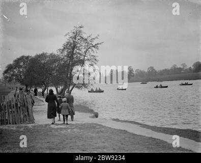 Rowing boats on the lake at Danson Park near Bexleyheath in Kent . 1938 Stock Photo