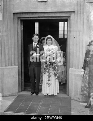 The wedding of Miss E M Irons and Mr H T Rabbit . The bride and groom . 1939 Stock Photo