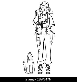 Linear outline drawing doodles tourist girl in trousers and with a backpack behind his back for travel. Sitting next to a cat. Travel concept on a Stock Vector