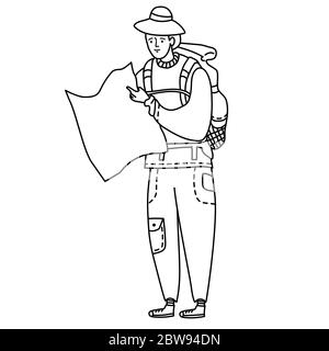 Line drawing doodle. Tourist man in trousers with pockets and a hat with a backpack in the hands of a map. Travel, sport, training concept on a white Stock Vector