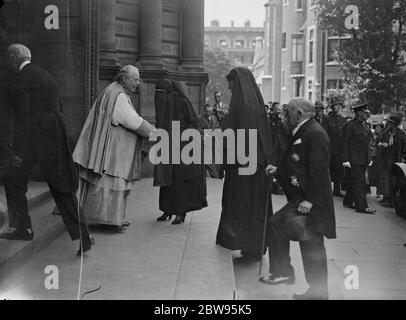 Ex Queen at King Manoel requiem mass . The Ex Queen Augusta Victoria of Portugal , his widow , and the ex Queen Amelie , his mother , attended the Requiem Mass at Westminster Cathedral for the late King Manoel of Portugal . The Queen Augusta Victoria and Queen Amelie ( taller ) being received on arrival at the cathedral . 14 July 1932 Stock Photo