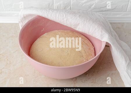 Fresh yeast dough rising in a large plastic bowl covered with white linen towel on the kitchen table. Hands preparing dough for baking homemade bread. Stock Photo