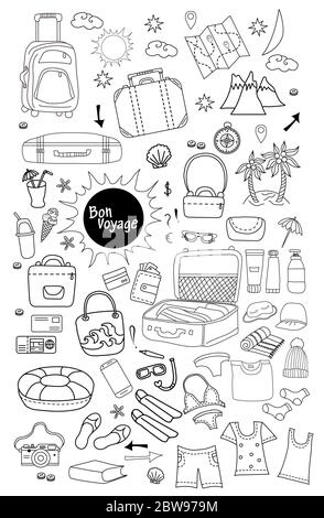 Bon voyage. Doodle set of vector linear drawings of things for travel and leisure. Travel concept on a white background - luggage, suitcases, bags Stock Vector